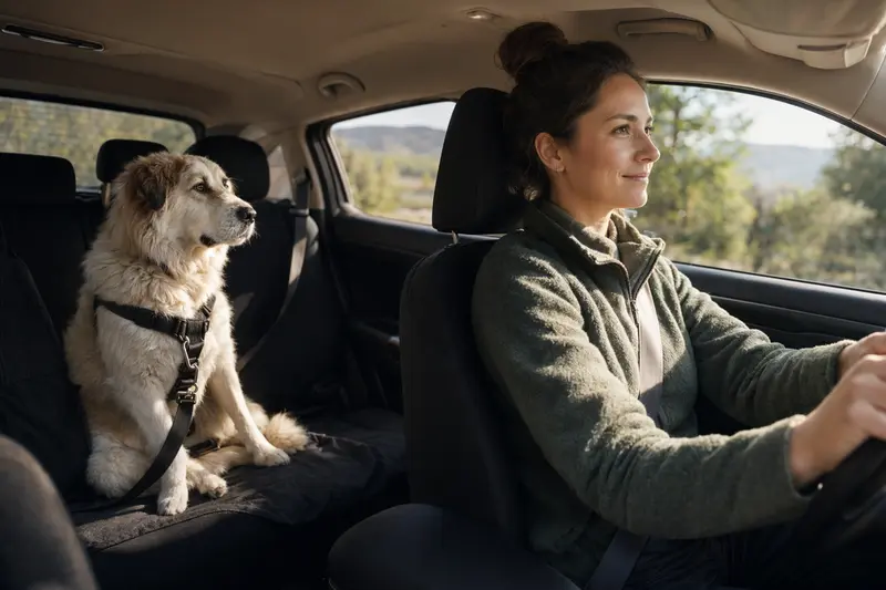 Ein Pyrenäenhund sitzt sicher angeschnallt auf der Rückbank eines Autos, während der Besitzer ruhig fährt.