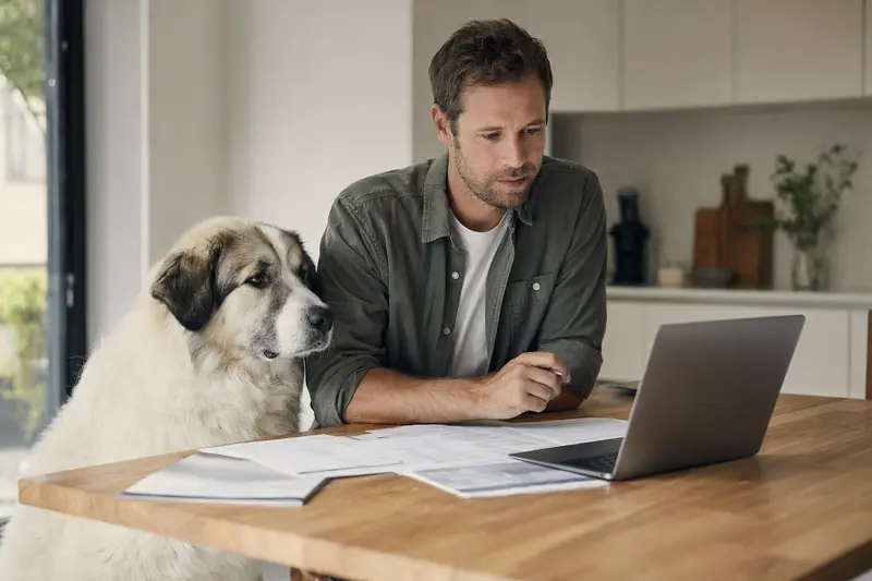 Ein Pyrenäenhund sitzt ruhig neben seinem Besitzer am Küchentisch, während Versicherungsunterlagen und ein Laptop mit Vergleichsseite bereitliegen.