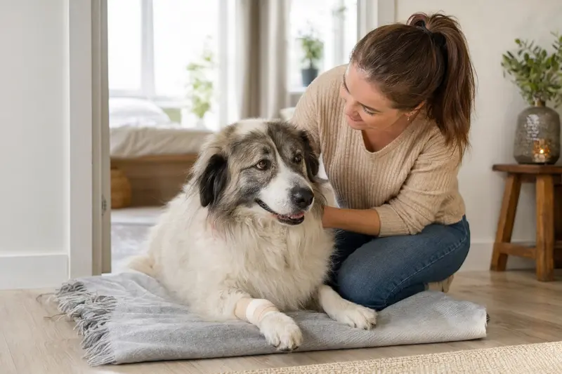 Ein Pyrenäenhund mit leichtem Verband an der Pfote liegt ruhig auf einer Decke neben seinem erleichterten Besitzer in einer hellen Wohnung.