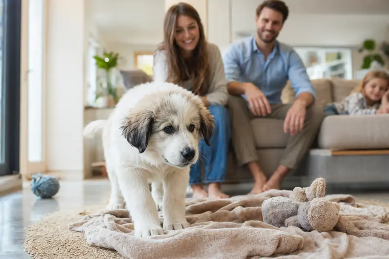 Ein neugieriger Pyrenäenhund Welpe erkundet seine helle, freundliche Wohnung und sitzt auf einer weichen Decke mit Spielzeug.