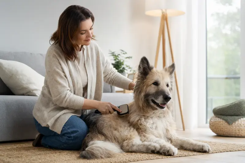 Ein Pyrenäenschäferhund wird in einer hellen Wohnung sanft gebürstet, während sein Besitzer liebevoll die Fellpflege übernimmt.