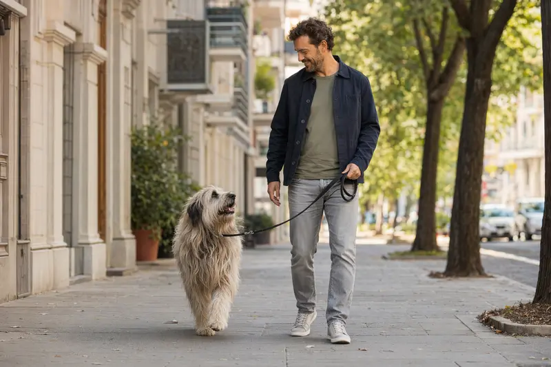 Ein Pyrenäenschäferhund läuft an der Leine mit seinem Besitzer durch eine moderne Stadtstraße.