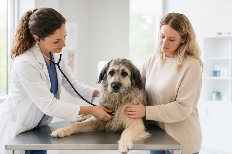 Ein ruhiger Pyrenäenschäferhund wird behutsam von einer freundlichen Tierärztin auf einem Untersuchungstisch in einer modernen Tierarztpraxis untersucht.