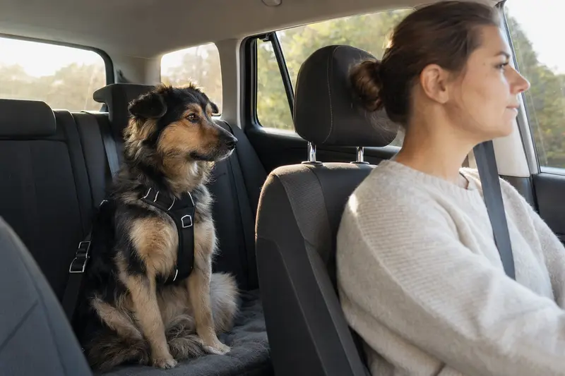 Ein Pyrenäenschäferhund sitzt sicher angeschnallt auf der Rückbank eines Autos, während der Besitzer ruhig fährt.
