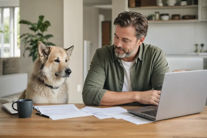 Ein Pyrenäenschäferhund sitzt ruhig neben seinem Besitzer am Küchentisch, während Versicherungsunterlagen und ein Laptop mit einer Vergleichsseite liegen.