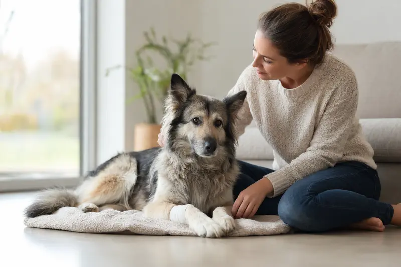 Ein Pyrenäenschäferhund mit leicht bandagierter Pfote liegt ruhig auf einer Decke neben seinem erleichterten Besitzer in einer hellen Wohnung.