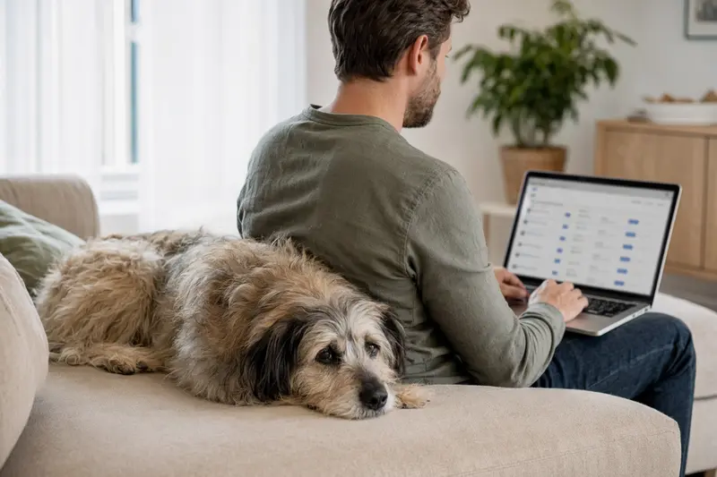 Ein Hundebesitzer arbeitet entspannt am Laptop auf dem Sofa, während ein Pyrenäenschäferhund neben ihm sitzt.