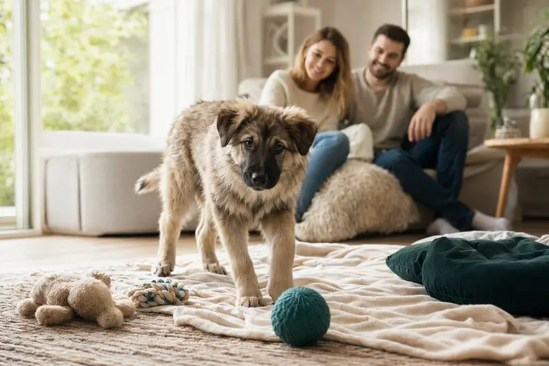 Ein neugieriger Pyrenäenschäferhund Welpe erkundet seine freundliche Wohnung mit einer weichen Decke und Spielzeug im Vordergrund.
