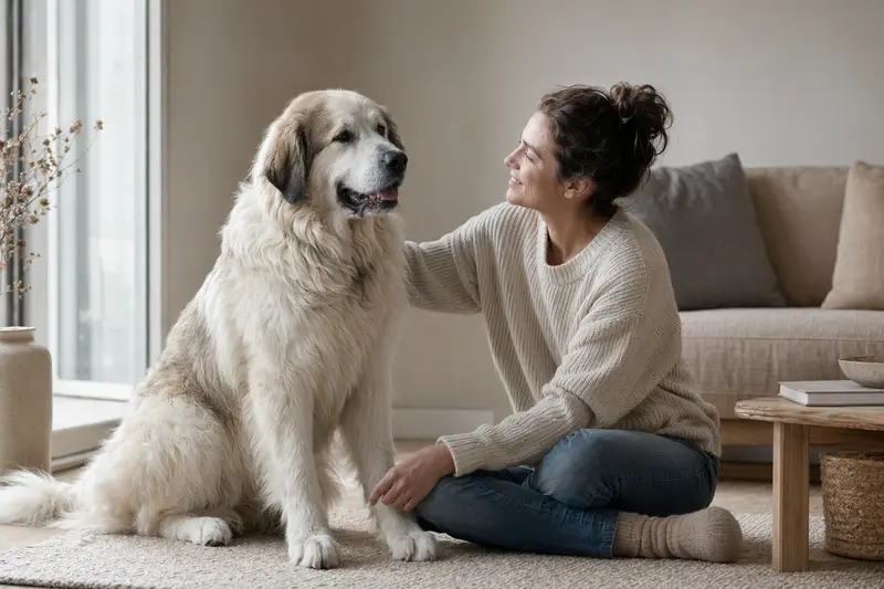 Ein aufmerksam stehender Pyrenäen-Mastiff vor hellem Hintergrund als professionelles Hundeporträt.