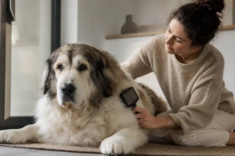 Ein Pyrenäen-Mastiff wird in einer hellen Wohnung liebevoll gebürstet, wobei die Fellpflege als Teil der Gesundheitsvorsorge im Fokus steht.
