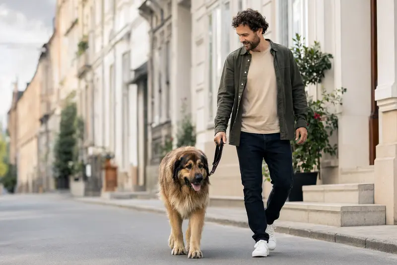 Ein Pyrenäen-Mastiff läuft entspannt an der Leine mit seinem Besitzer durch eine saubere moderne Stadtstraße.