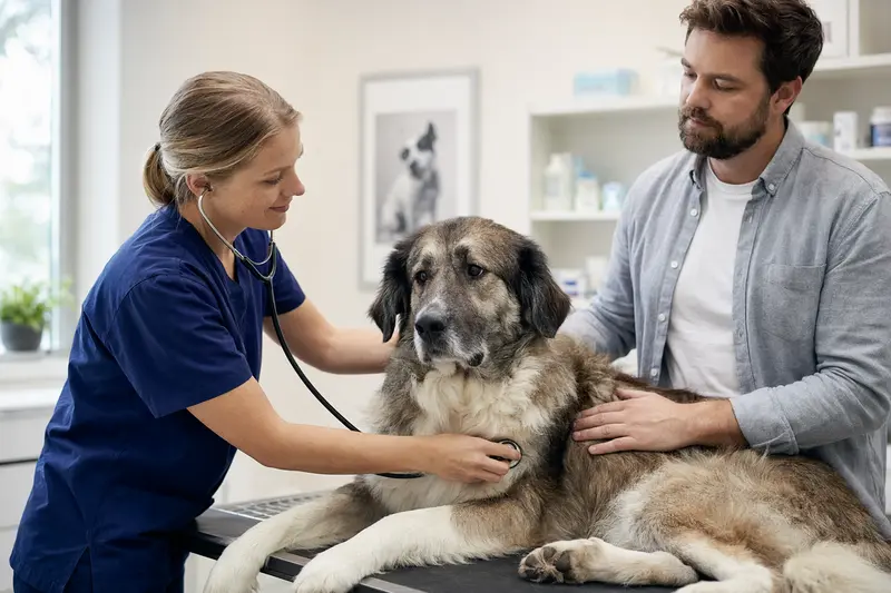 Ein ruhiger Pyrenäen-Mastiff wird von einer freundlichen Tierärztin in einer modernen Praxis untersucht.