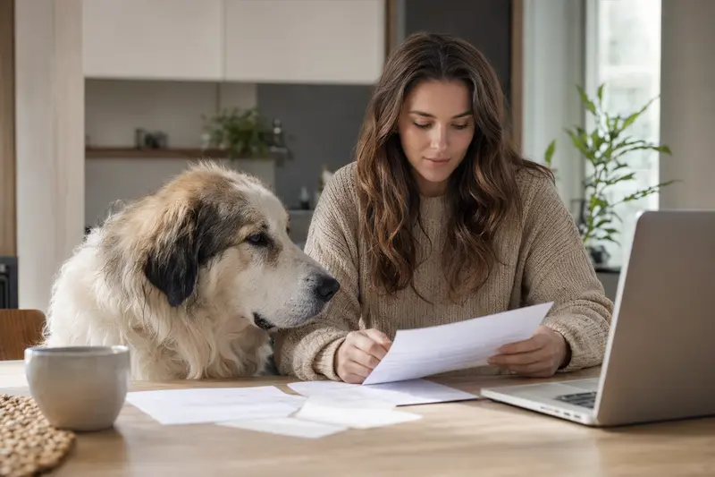 Ein Pyrenäen-Mastiff sitzt ruhig neben seinem Besitzer am Küchentisch mit Versicherungsunterlagen und einem Laptop mit neutraler Vergleichsseite.