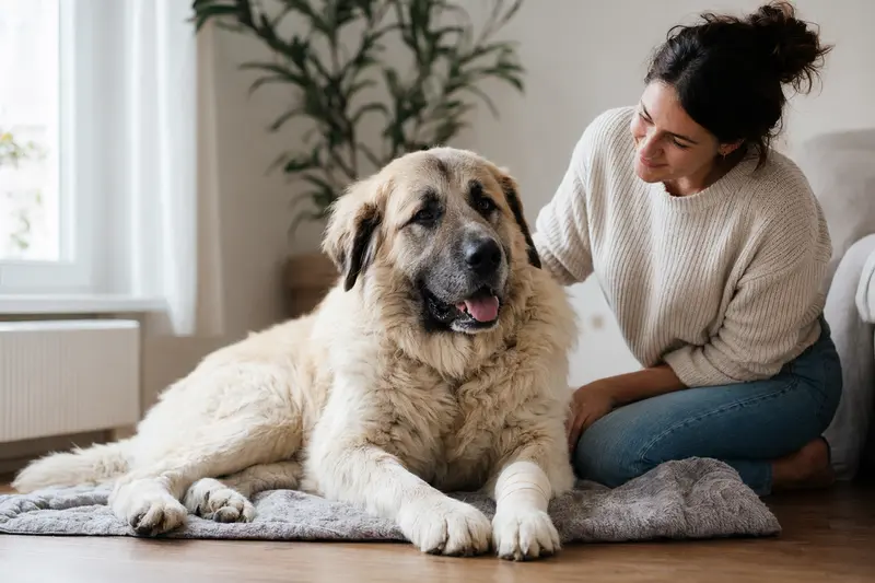 Ein Pyrenäen-Mastiff mit leicht verbundenem Pfotenverband liegt ruhig auf einer Decke, während sein Besitzer neben ihm sitzt und erleichtert wirkt.