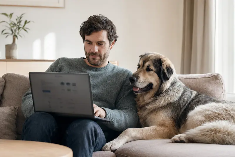 Ein Pyrenäen-Mastiff sitzt neben einem Laptop auf dem Sofa, während der Besitzer eine Versicherungsvergleichsseite betrachtet.