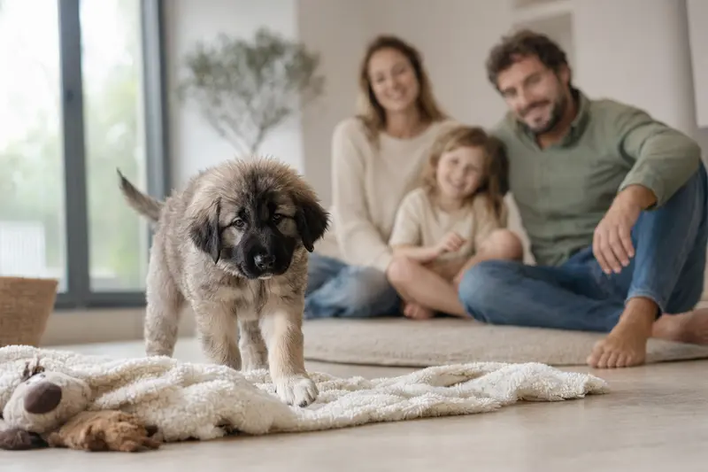Ein neugieriger Pyrenäen-Mastiff Welpe erkundet seine helle und freundliche Wohnung mit einer weichen Decke und Spielzeug, während eine liebevolle Familie im Hintergrund zu sehen ist.