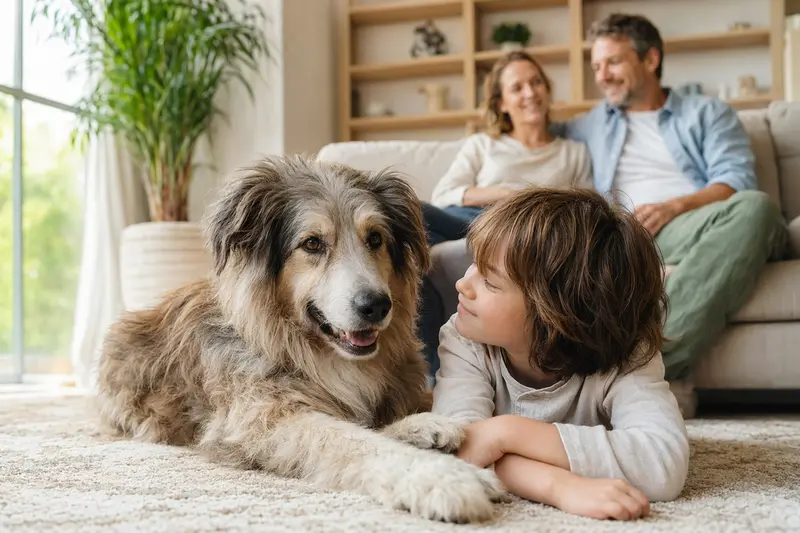 Ein freundlicher Pyrenäen-Schäferhund liegt entspannt neben einem Kind im Wohnzimmer, während die Eltern im Hintergrund stehen.