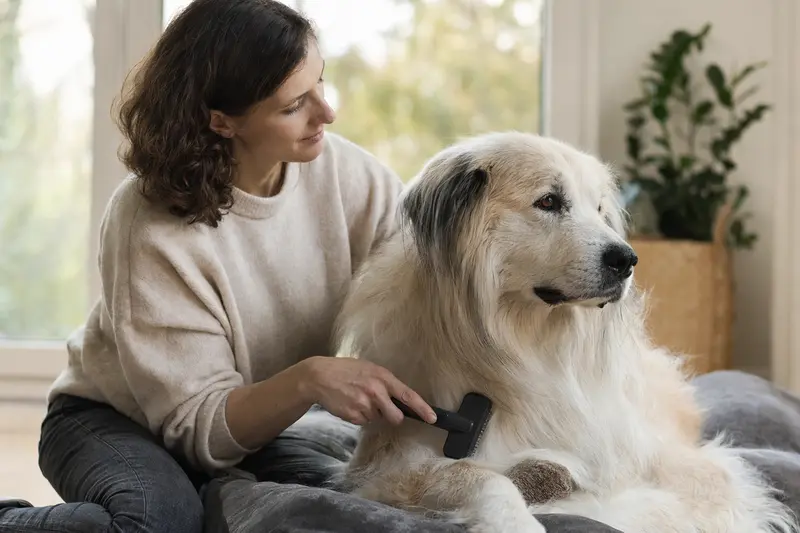 Ein Pyrenäen-Schäferhund mit langem Fell wird in einer hellen Wohnung liebevoll gebürstet.