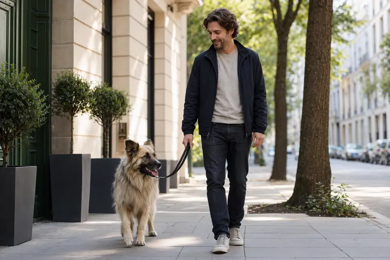 Ein Pyrenäen-Schäferhund mit langem Fell läuft an der Leine mit seinem Besitzer durch eine moderne Stadtstraße.