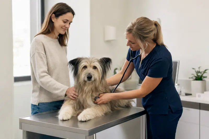 Eine Tierärztin untersucht einen ruhigen Pyrenäen-Schäferhund mit dem Stethoskop, während der Besitzer in der modernen Tierarztpraxis beruhigend daneben steht.
