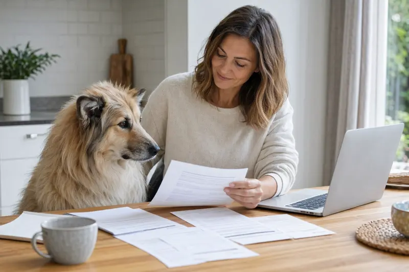 Ein Pyrenäen-Schäferhund sitzt ruhig neben seinem Besitzer am Küchentisch mit Versicherungsunterlagen und einem Laptop mit Vergleichsseite.