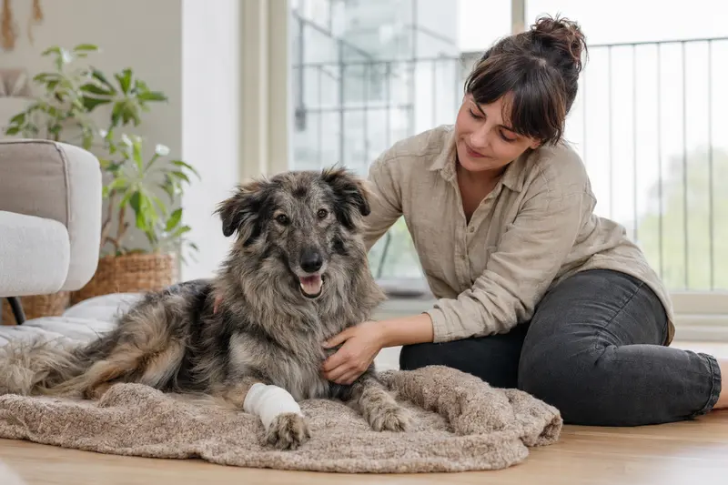 Pyrenäen-Schäferhund mit leicht verbundenem Pfotenverband liegt ruhig auf einer Decke neben seinem Besitzer.