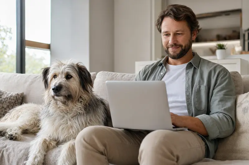 Ein Besitzer nutzt seinen Laptop auf dem Sofa, während ein Pyrenäen-Schäferhund neben ihm sitzt.