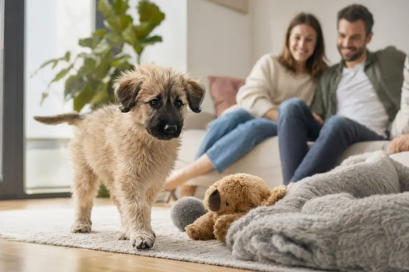 Ein junger Pyrenäen-Schäferhund-Welpe entdeckt neugierig sein neues Zuhause in einer hellen Wohnung mit weicher Decke und Spielzeug.