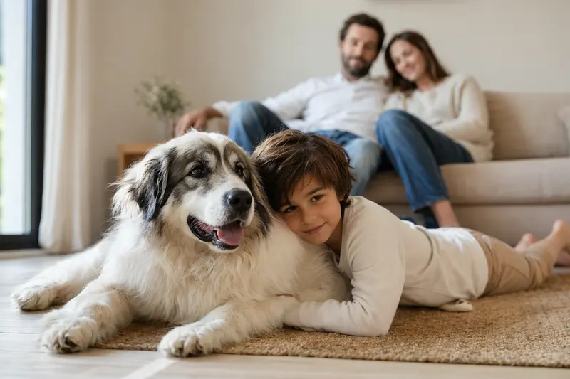 Ein freundlicher Pyrenäenberghund liegt entspannt neben einem Kind im Wohnzimmer, während die Eltern im Hintergrund eine sichere Familienatmosphäre schaffen.