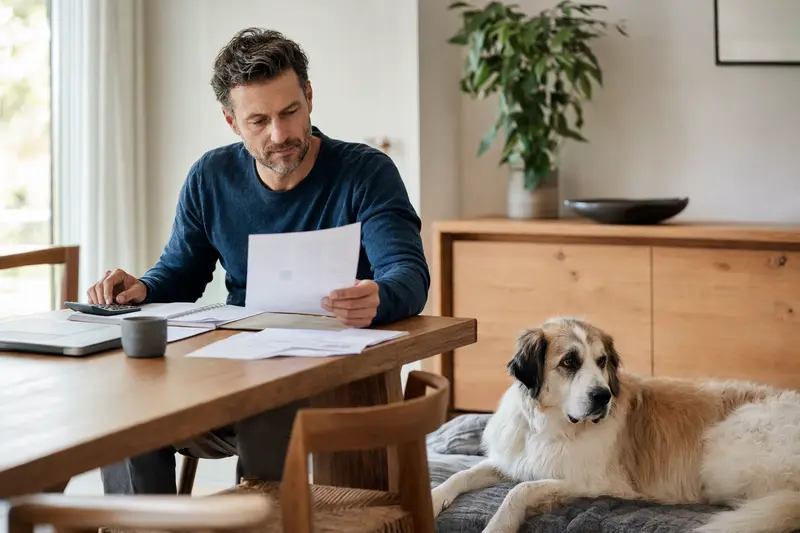 Ein Hundehalter sitzt mit einer Tierarztrechnung am Tisch, während ein entspannter Pyrenäenberghund auf einer Decke daneben liegt, als Bild zu Tierarztkosten und Hundekrankenversicherung.