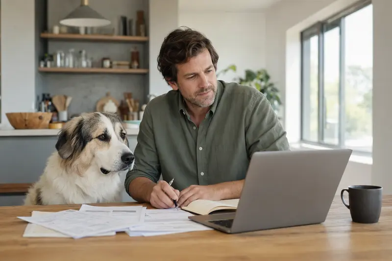 Ein Pyrenäenberghund sitzt ruhig neben seinem Besitzer am Küchentisch mit Versicherungsunterlagen und Laptop zur Hundekrankenversicherung.