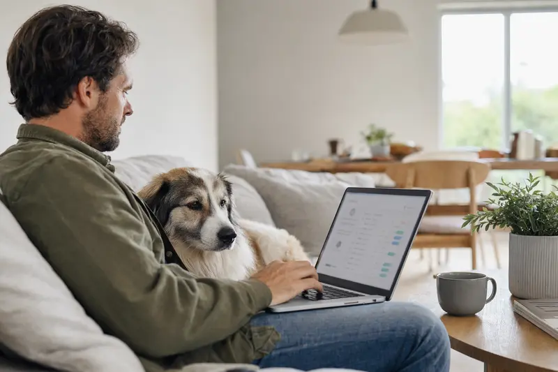 Besitzer sitzt mit Laptop auf dem Sofa, während ein Pyrenäenberghund neben ihm liegt und eine neutrale Versicherungsvergleichs-Oberfläche auf dem Bildschirm angezeigt wird.