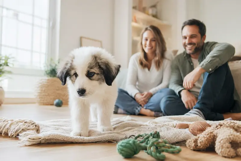 Ein neugieriger Pyrenäenberghund Welpe erkundet sein neues Zuhause mit einer liebevollen Familie im Hintergrund.