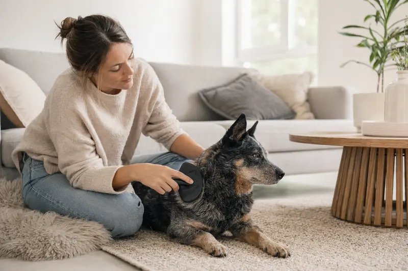 Ein Queensland Heeler wird in einer hellen Wohnung liebevoll gebürstet und gepflegt.