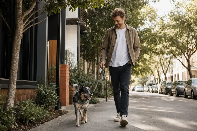 Ein Queensland Heeler läuft an der Leine mit seinem Besitzer durch eine freundliche moderne Stadtstraße.