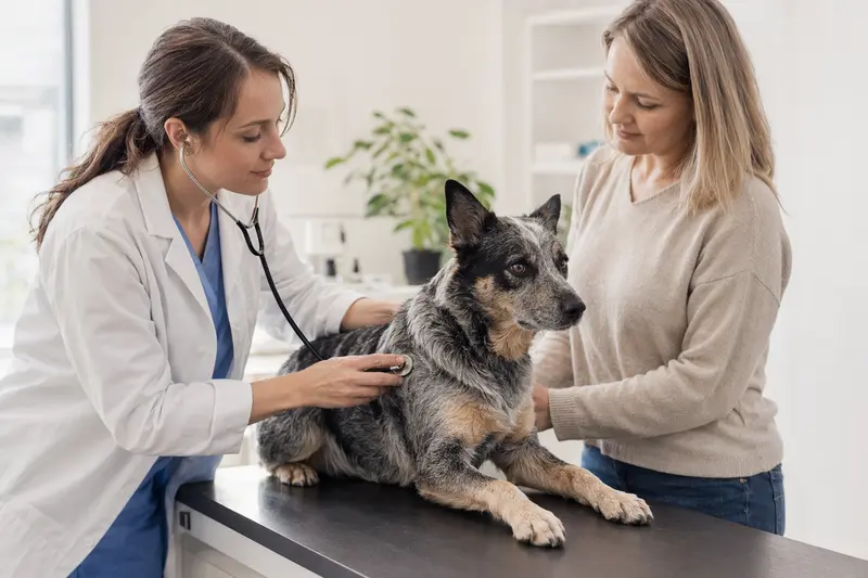Ein Queensland Heeler Hund wird von einer freundlichen Tierärztin auf einem Untersuchungstisch in einer modernen Tierarztpraxis untersucht.