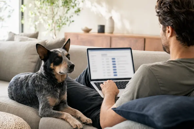 Ein Hundebesitzer mit einem Queensland Heeler auf dem Sofa, der auf einem Laptop die besten Versicherungsangebote für Tiere vergleicht.