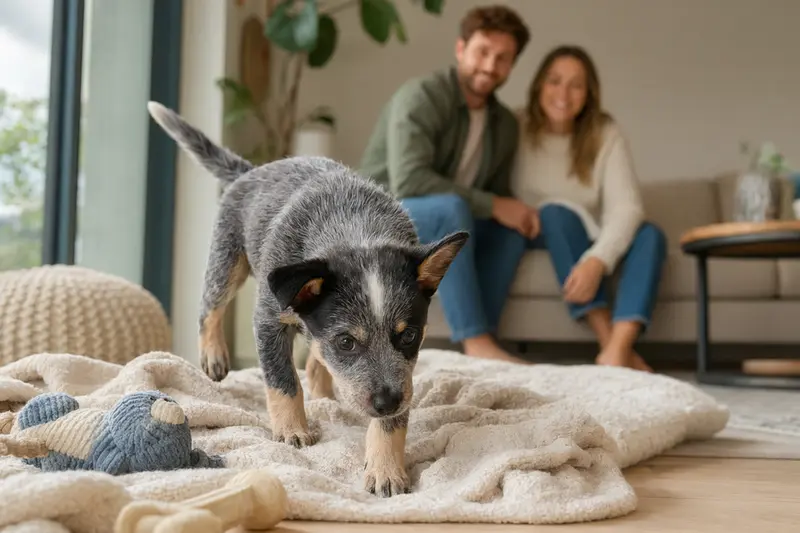 Ein neugieriger Queensland Heeler Welpe erkundet sein neues Zuhause mit Spielzeug und einer liebevollen Familie im Hintergrund.