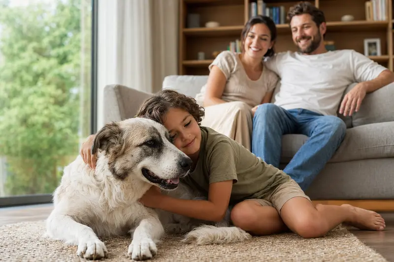Ein freundlicher Rafeiro do Alentejo liegt entspannt neben einem Kind im Wohnzimmer, während die Eltern im Hintergrund eine sichere Familienatmosphäre schaffen.