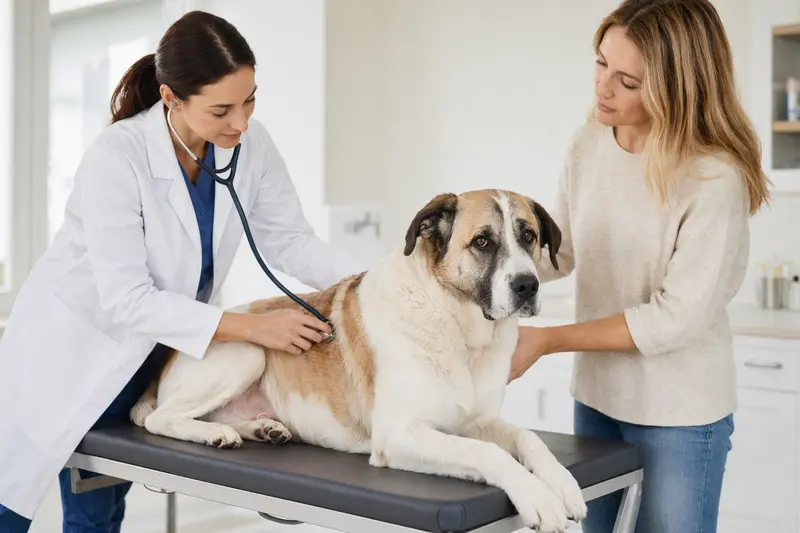 Ein Rafeiro do Alentejo Hund wird behutsam von einer Tierärztin mit einem Stethoskop in einer modernen Tierarztpraxis untersucht, während der Besitzer beruhigend daneben steht.