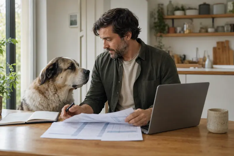 Ein Rafeiro do Alentejo sitzt ruhig neben seinem Besitzer am Küchentisch, während Versicherungsunterlagen und ein Laptop für den Vergleich von Hundekrankenversicherungen bereitliegen.