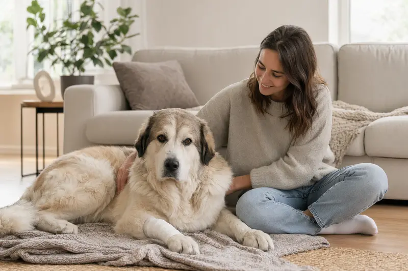 Rafeiro do Alentejo Hund mit leichtem Verband an der Pfote liegt ruhig auf einer Decke neben seinem erleichterten Besitzer in einer hellen Wohnung.