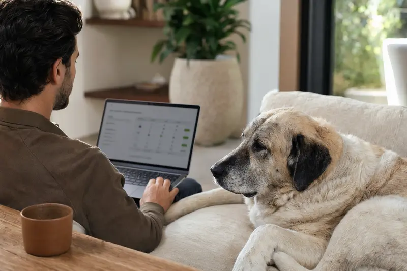 Ein Hundebesitzer mit einem Rafeiro do Alentejo auf dem Sofa, während er an einem Laptop eine Versicherungsvergleichsseite betrachtet.