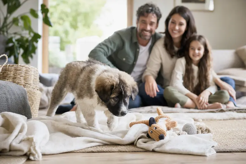 Ein junger Rafeiro do Alentejo Welpe erkundet neugierig sein neues Zuhause mit einer liebevollen Familie im Hintergrund.