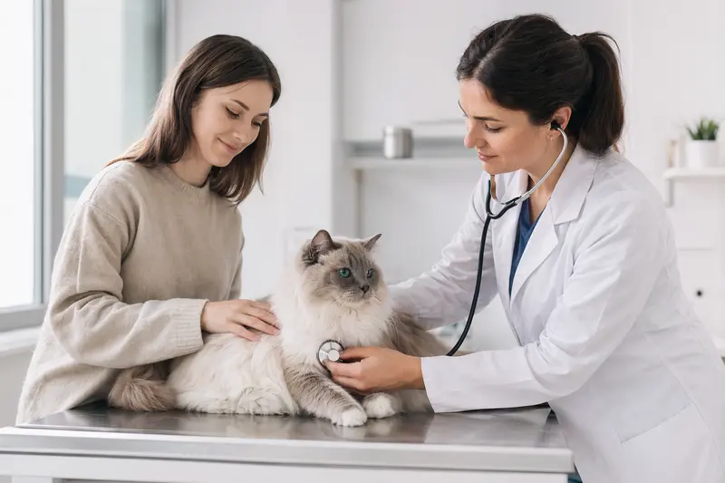 Eine ruhige Ragamuffin Katze wird von einer freundlichen Tierärztin mit einem Stethoskop in einer modernen Tierarztpraxis untersucht.