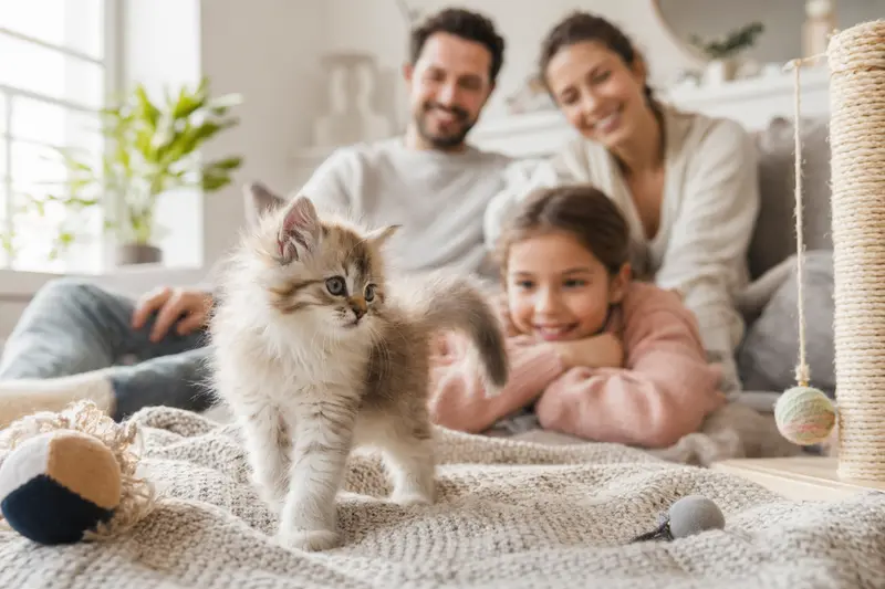Ein neugieriges Ragamuffin Kätzchen erkundet sein neues Zuhause auf einer weichen Decke mit Spielsachen.