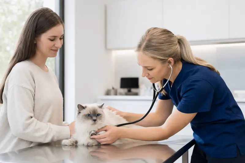 Eine ruhige Ragdoll Katze wird von einer freundlichen Tierärztin in einer modernen Praxissituation untersucht.