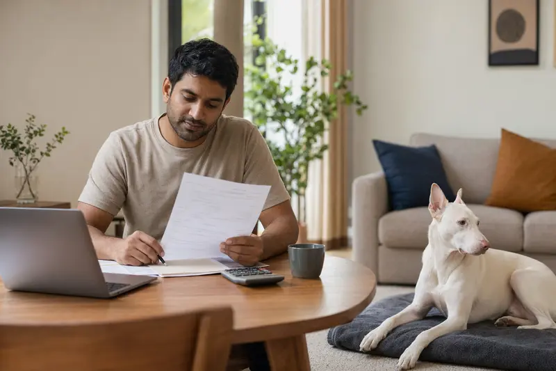 Ein Hundehalter sitzt mit einer Tierarztrechnung am Tisch, während ein entspannter Rajapalayam Hund ruhig auf einer Decke in der hellen Wohnung liegt.