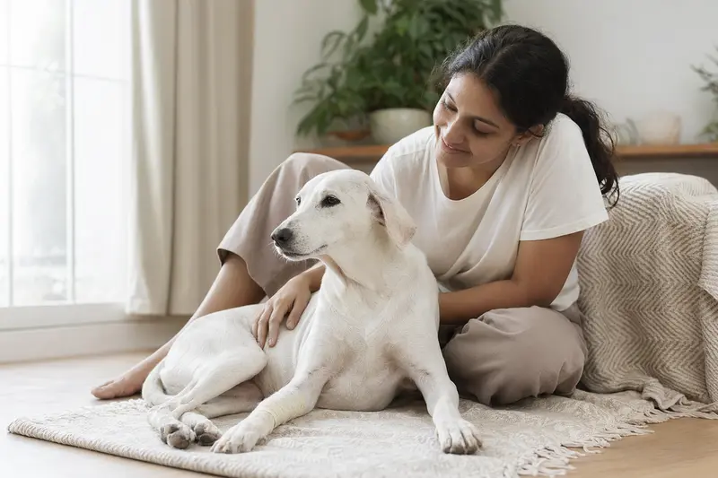 Ein Rajapalayam Hund mit leicht verbundenen Pfote liegt ruhig auf einer Decke neben seinem erleichterten Besitzer.