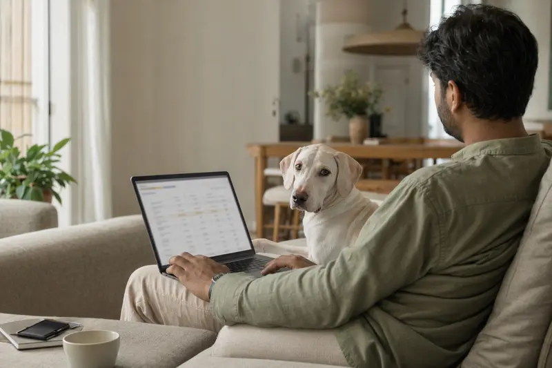 Ein Besitzer sitzt mit Laptop auf dem Sofa, während ein Rajapalayam Hund neben ihm liegt und der Bildschirm eine neutrale Versicherungsvergleichsseite zeigt.